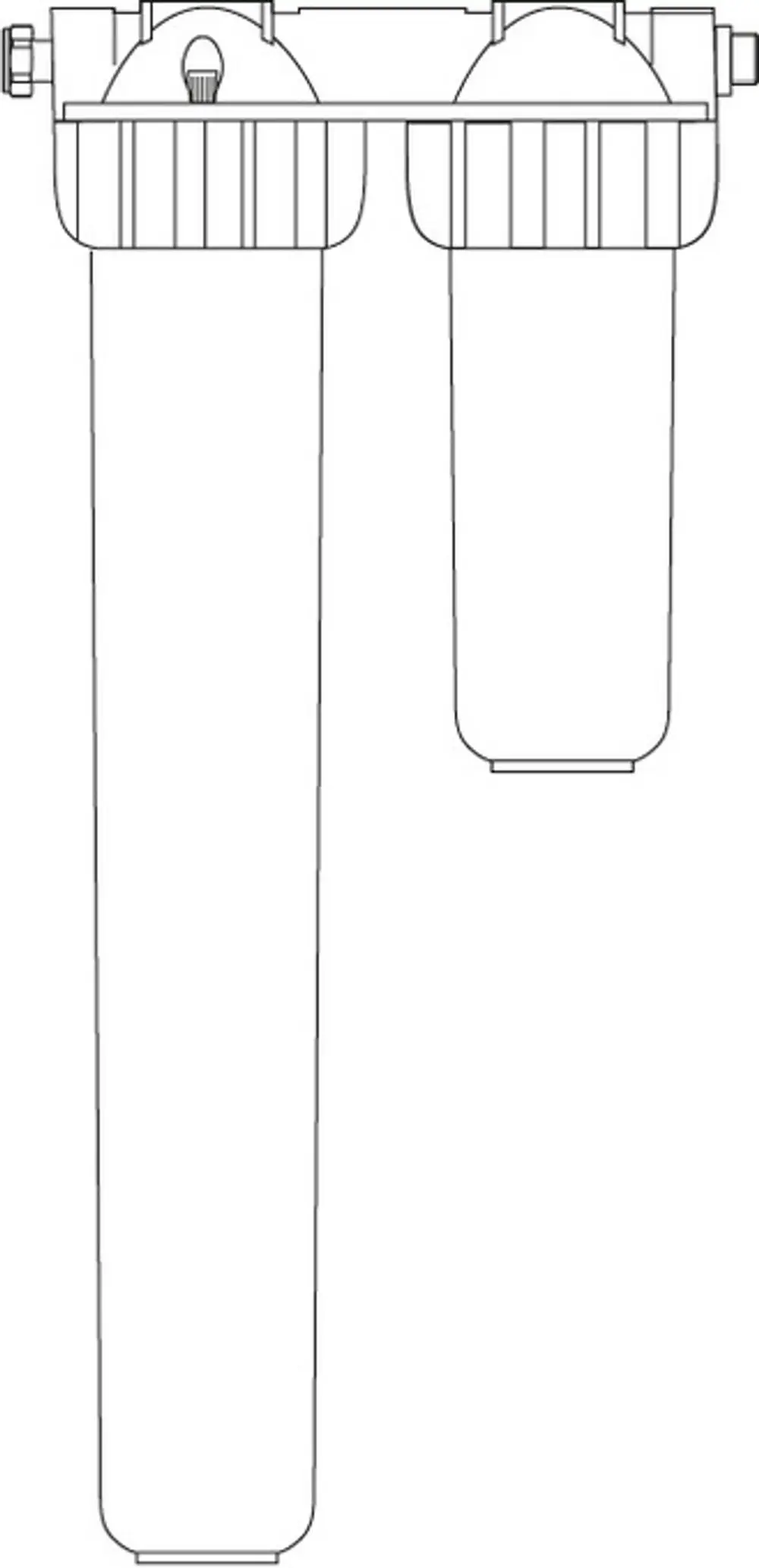 Zwei zylindrische Filterbehälter mit Anschlüssen für Wasserleitungen, angebrachte Oberseite mit Montageelementen. Produkt von IMI Hydronic Engineering.